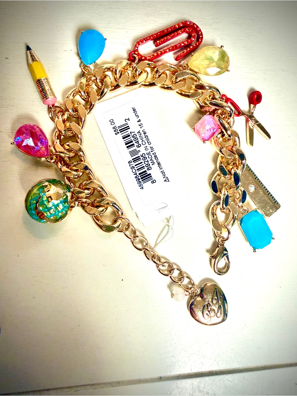 Betsey Johnson Gold-Tone Multicolor School Charm Bracelet With Bright Gems